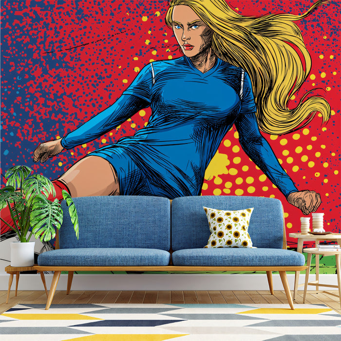 Female Footballer Pop Art Mural Wallpaper | Strong Figure, Red and Blue Contrast, Aggressive Grunge Style