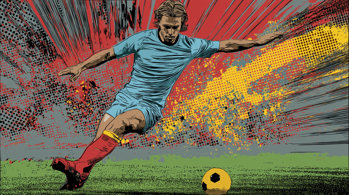 Pop Art Football Kick Mural Wallpaper | Dynamic Motion Lines, Red and Yellow Grunge, Athlete Action