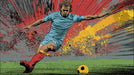 Pop art style soccer mural wallpaper with a player striking a ball against a vibrant red, yellow, and charcoal background