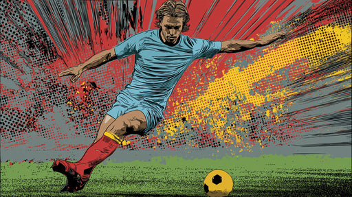Pop art style soccer mural wallpaper with a player striking a ball against a vibrant red, yellow, and charcoal background