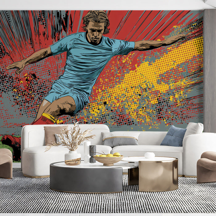 Game room or man cave decorated with a bold soccer pop art wall mural behind a lounge area