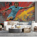 Game room or man cave decorated with a bold soccer pop art wall mural behind a lounge area