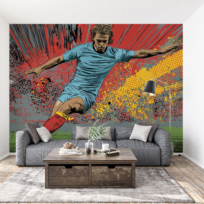 Sporty teenager living rom featuring a soccer mural wallpaper on the main wall behind a bed