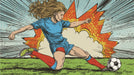 Comic style pop art mural featuring a female soccer player kicking a ball with explosive yellow and red background