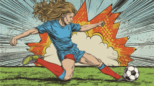 Comic style pop art mural featuring a female soccer player kicking a ball with explosive yellow and red background