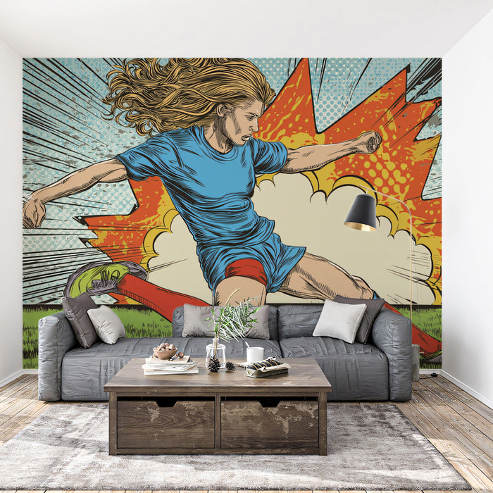 Creative home office wall with a dynamic soccer player pop art graphic mural