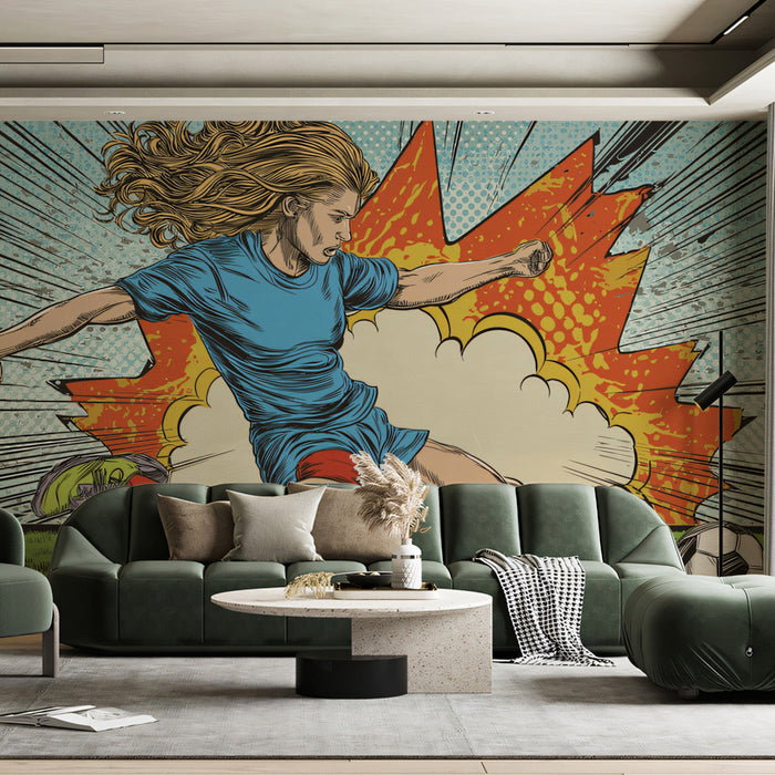 Modern commercial room wall featuring a vibrant comic book style soccer action mural wallpaper
