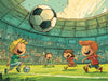 Vibrant illustration of children playing soccer in a stadium with a large ball overhead