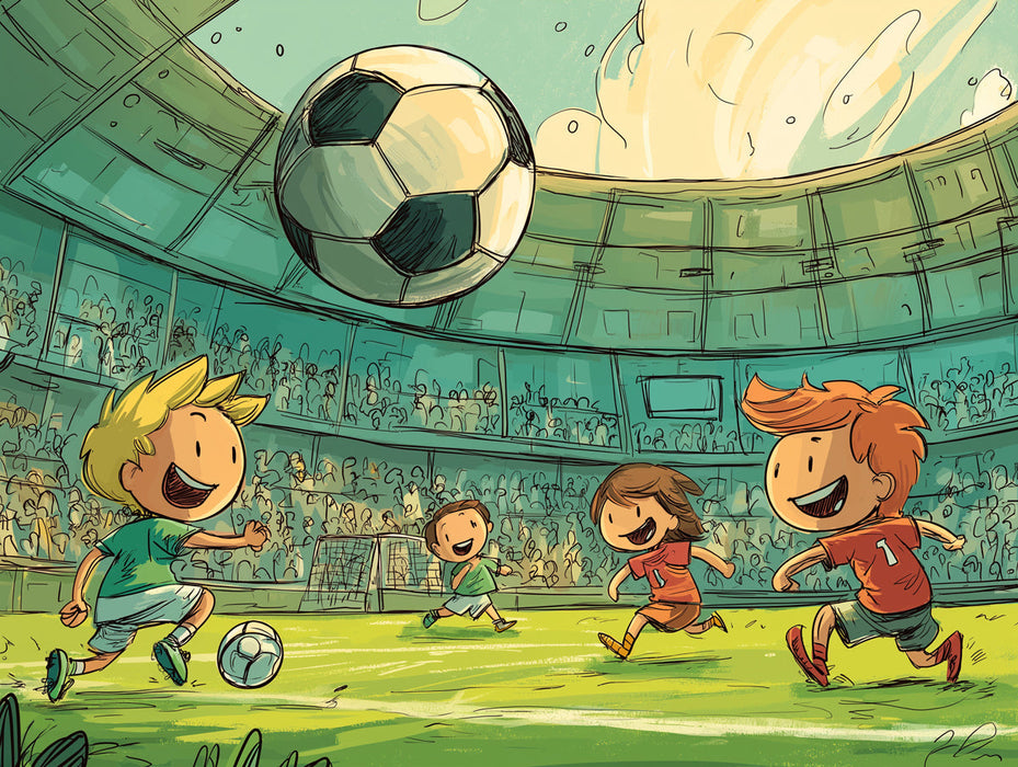 Vibrant illustration of children playing soccer in a stadium with a large ball overhead