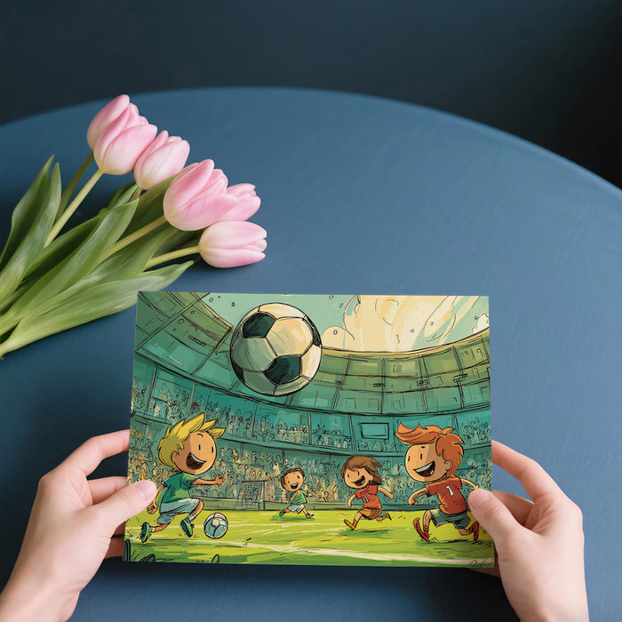 Cartoon Kids Soccer Stadium Mural Wallpaper | Cheerful Illustration, Whimsical Game, Youthful Vibe
