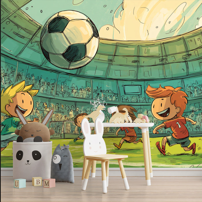 Active playroom design with a colorful cartoon soccer match wall mural