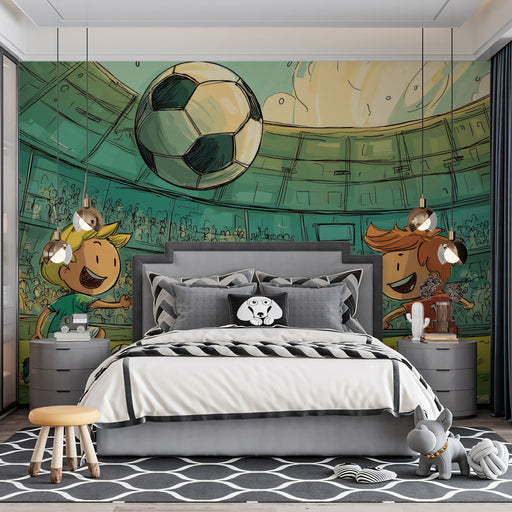Soccer mural installed in a bright kid's bedroom with wooden furniture