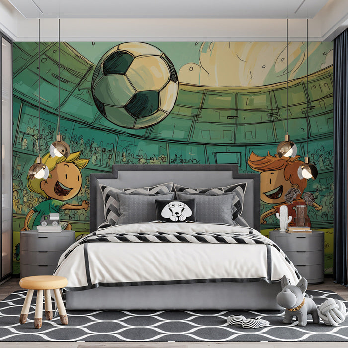 Soccer mural installed in a bright kid's bedroom with wooden furniture