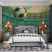 Soccer mural installed in a bright kid's bedroom with wooden furniture