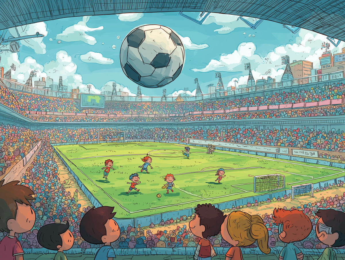 Detailed Cartoon Stadium Panorama Mural Wallpaper | Full Crowd View, Energetic Match, Vibrant Kids' Art
