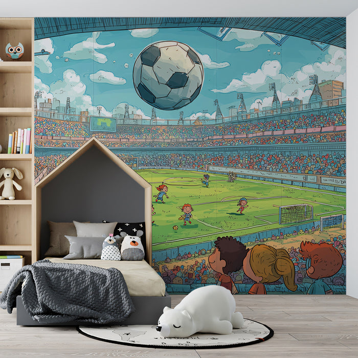 Detailed Cartoon Stadium Panorama Mural Wallpaper | Full Crowd View, Energetic Match, Vibrant Kids' Art