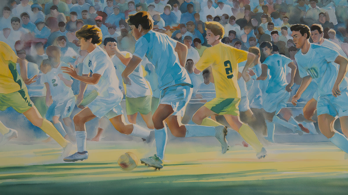 Soft Watercolor Soccer Action Mural Wallpaper | Fluid Impressionism, Sunny Field, Youthful Competition
