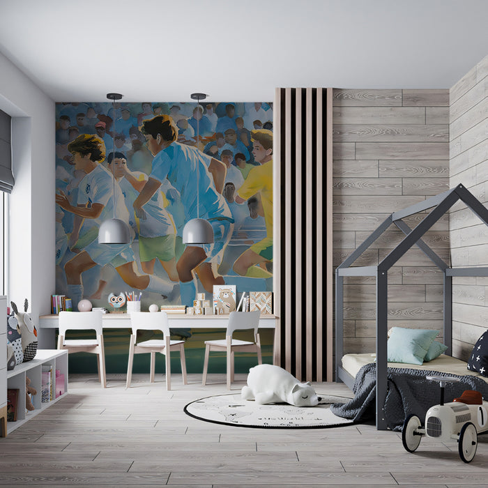 Soft Watercolor Soccer Action Mural Wallpaper | Fluid Impressionism, Sunny Field, Youthful Competition