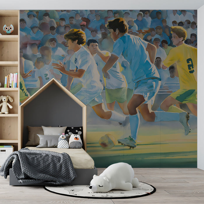 Soft Watercolor Soccer Action Mural Wallpaper | Fluid Impressionism, Sunny Field, Youthful Competition