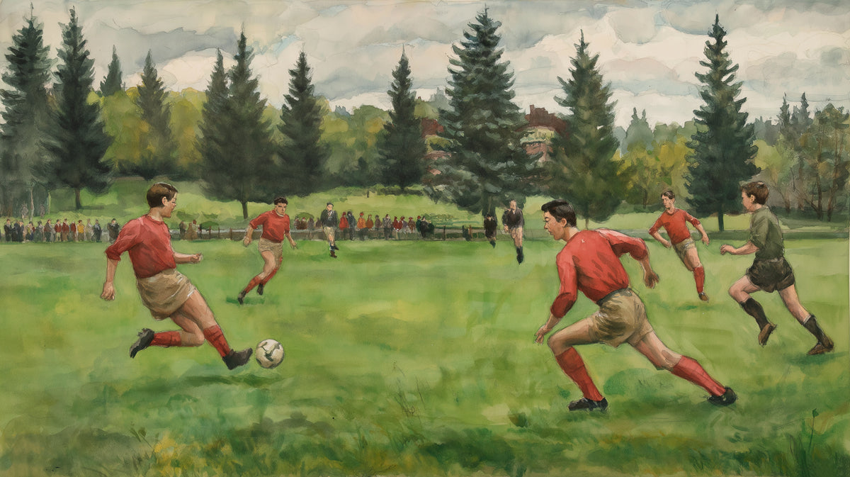 Watercolor style mural of a soccer match in a field with pine trees