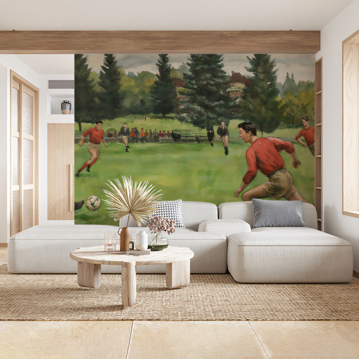 Artistic soccer field scene on a wall in a dedicated hobby workshop