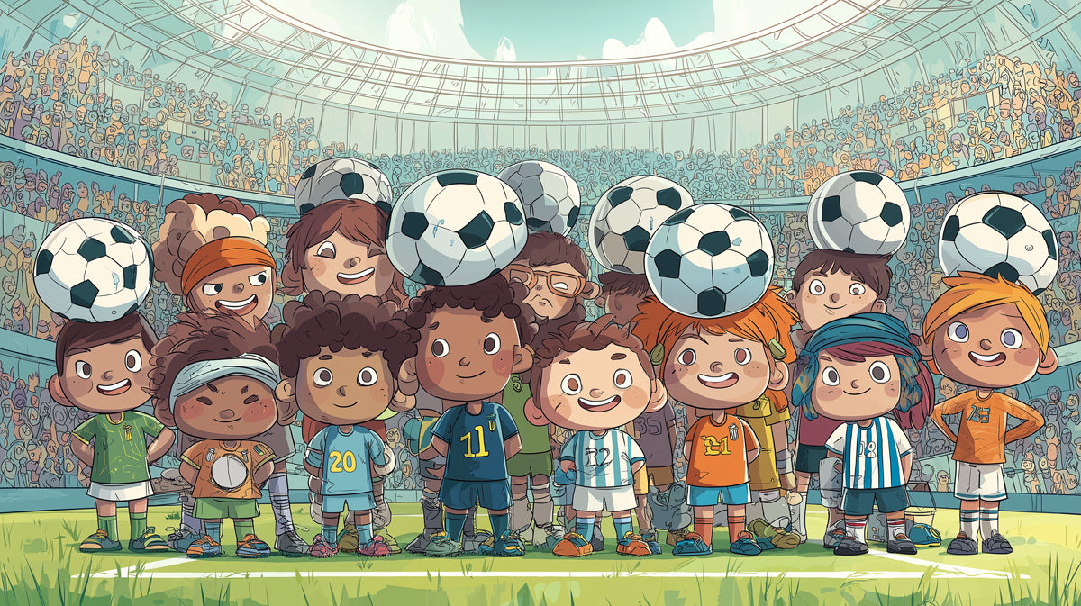 Diverse Kids Soccer Team Mural Wallpaper | Cartoon Style, Large Stadium, Cheerful Group Portrait