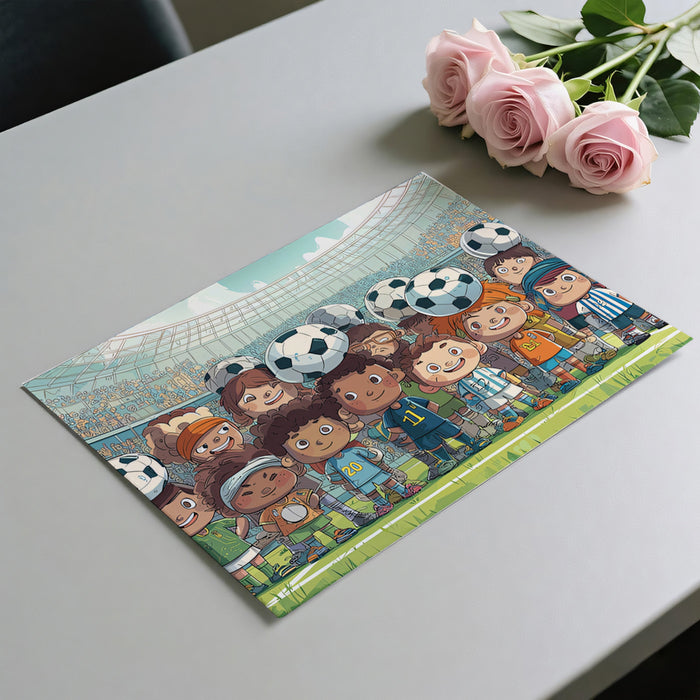 Diverse Kids Soccer Team Mural Wallpaper | Cartoon Style, Large Stadium, Cheerful Group Portrait