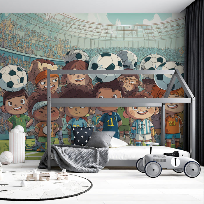 Diverse Kids Soccer Team Mural Wallpaper | Cartoon Style, Large Stadium, Cheerful Group Portrait