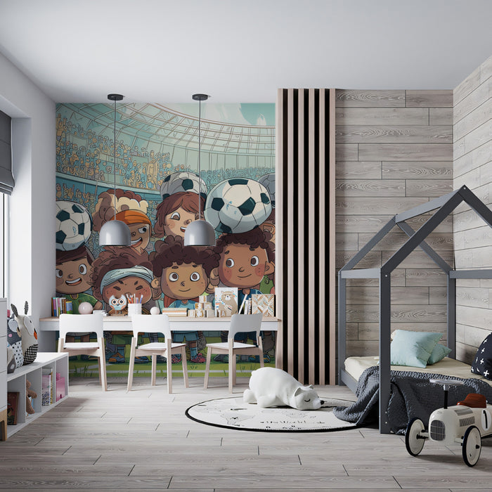 Diverse Kids Soccer Team Mural Wallpaper | Cartoon Style, Large Stadium, Cheerful Group Portrait