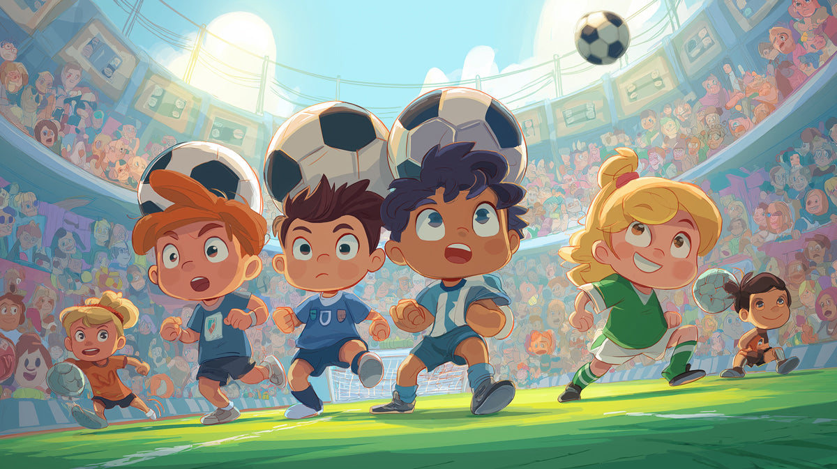 Dynamic Cartoon Soccer Action Mural Wallpaper | Low Angle View, Energetic Kids, Bright Stadium Lights