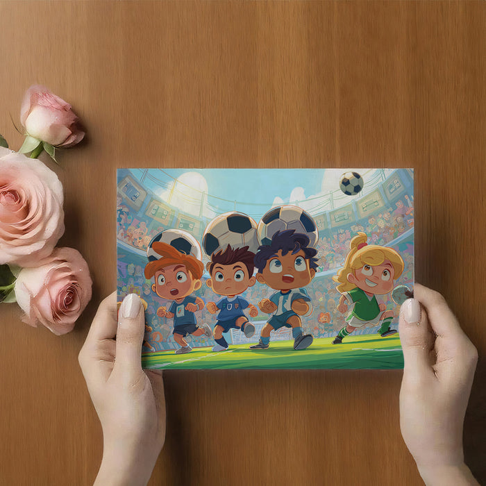 Dynamic Cartoon Soccer Action Mural Wallpaper | Low Angle View, Energetic Kids, Bright Stadium Lights