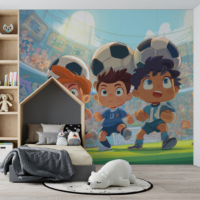 A creative bedroom for kids decorated with a vibrant and playful cartoon soccer stadium mural.