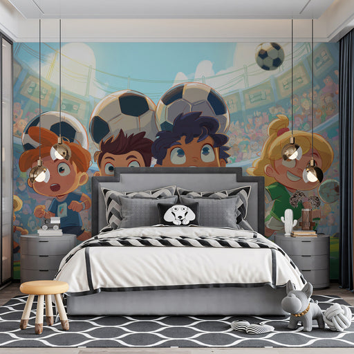 A lively boy's bedroom featuring a colorful soccer match mural on the main accent wall.
