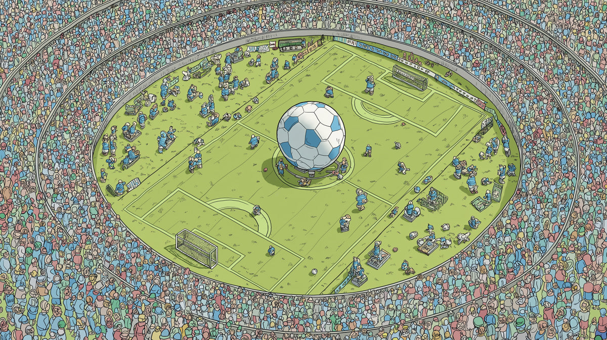 Panoramic Mini Soccer Stadium Mural Wallpaper | Where's Waldo Style, Giant Ball, Detailed Crowd Scene
