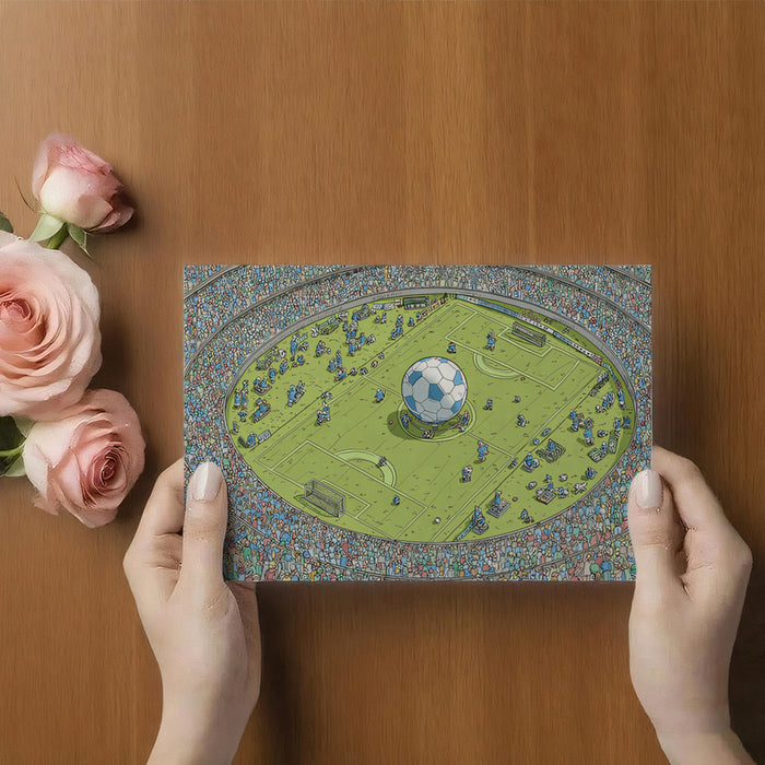 Panoramic Mini Soccer Stadium Mural Wallpaper | Where's Waldo Style, Giant Ball, Detailed Crowd Scene