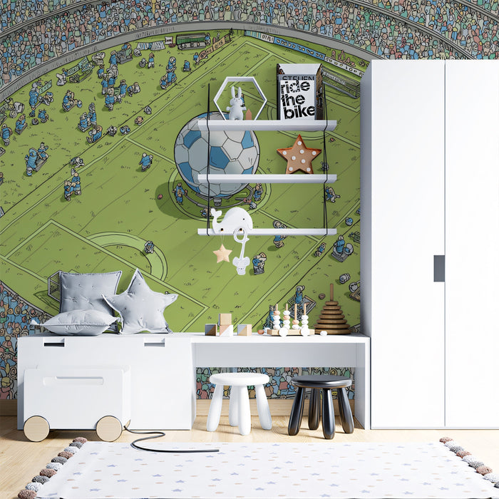 Panoramic Mini Soccer Stadium Mural Wallpaper | Where's Waldo Style, Giant Ball, Detailed Crowd Scene
