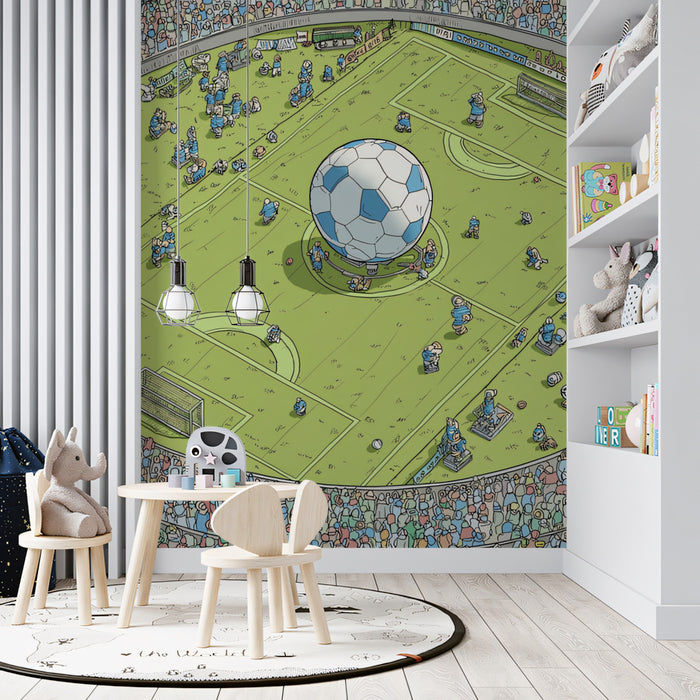 Panoramic Mini Soccer Stadium Mural Wallpaper | Where's Waldo Style, Giant Ball, Detailed Crowd Scene