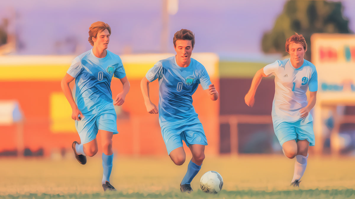 Painterly soccer mural featuring three players in sky blue kits moving across a golden field