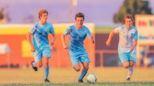 Painterly soccer mural featuring three players in sky blue kits moving across a golden field