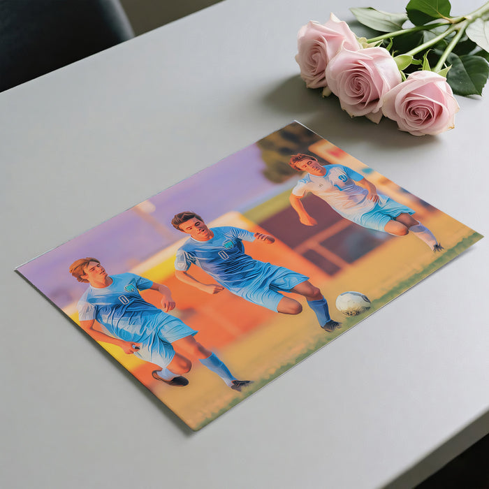 Soft Focus Soccer Action Mural Wallpaper | Impressionist Style, Cool Blue Uniforms, Dreamy Motion Blur