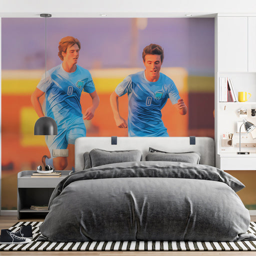 Modern teen bedroom featuring a large scale soccer action mural on the main feature wall