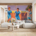 Energetic gym interior showcasing a sports themed soccer wall mural behind weight racks