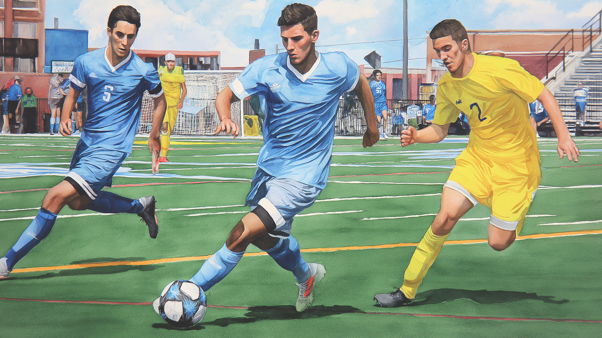 Soccer players in cerulean and yellow kits dribbling on a green grass field in a realistic illustration