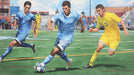 Soccer players in cerulean and yellow kits dribbling on a green grass field in a realistic illustration
