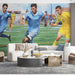 Sports-themed bedroom featuring a dynamic soccer mural behind a headboard