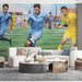 A home living room featuring a soccer action mural on the main wall with modern fitness equipment