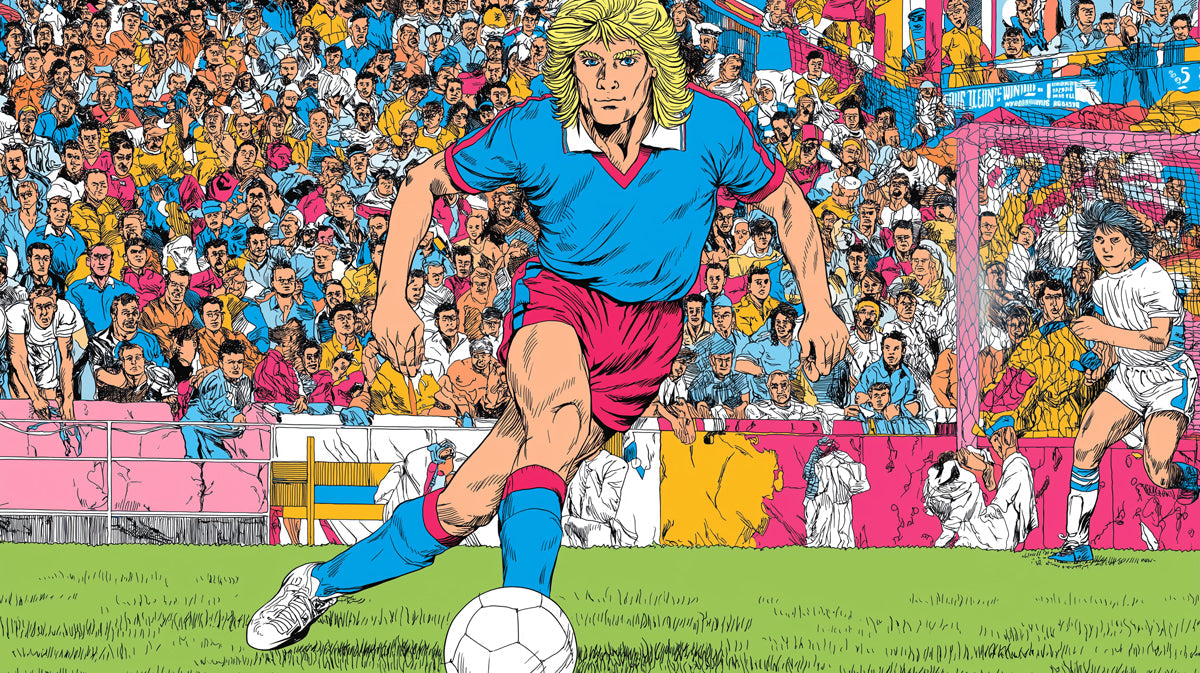 Retro pop art style soccer mural wallpaper featuring a blonde player in a blue and red kit before a crowded stadium.