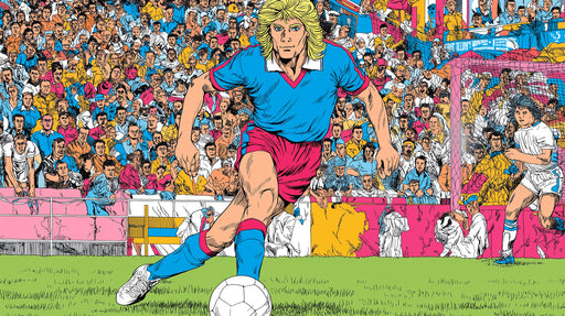 Retro pop art style soccer mural wallpaper featuring a blonde player in a blue and red kit before a crowded stadium.
