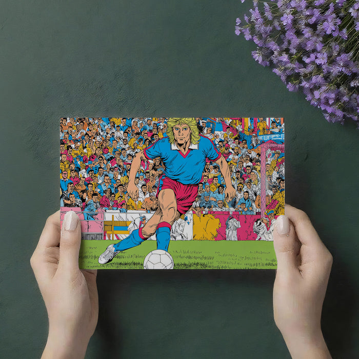 Retro Comic Dribbling Mural Wallpaper | Vibrant Crowd, Red and Blue Uniforms, Classic 80s Style