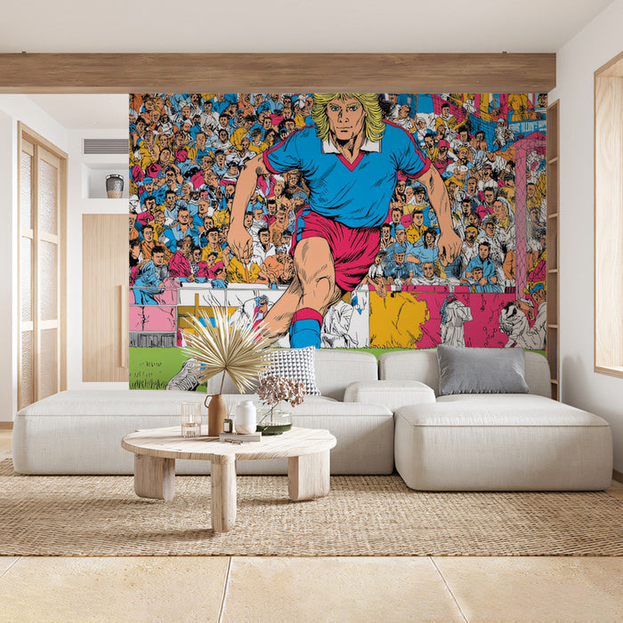 Bold soccer mural wallpaper featured in a dedicated media room with dark furniture and large display screens.
